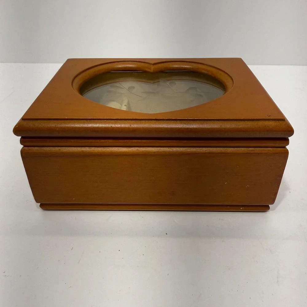 King Wood Co Jewelry Box Heart Etched Glass Lid Brown Wood Ring Organizer 2011